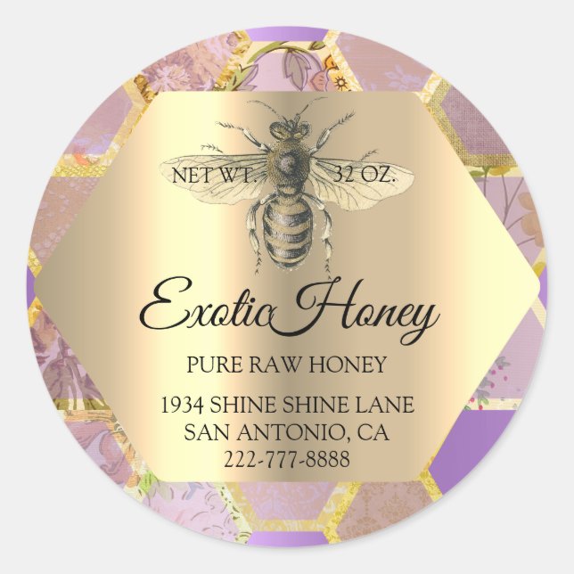 Raw Honey Jar Honeybee Honeycomb Bee Apiary Purple Classic Round Sticker (Front)
