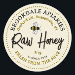 Raw Honey Label with Cute Flying Bee Yellow<br><div class="desc">Cute flying honeybee and dotted border. Personalise with your apiary name,  address and honey description (raw,  pure). Also include your honey net weight. Common honey net weight conversions: 8oz (227g),  12oz (340g),  16oz (454g),  32oz (907g),  5lb (2.27kg).</div>