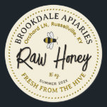 Raw Honey Label with Cute Flying Bee Yellow<br><div class="desc">Cute flying honeybee and dotted border. Personalise with your apiary name,  address and honey description (raw,  pure). Also include your honey net weight. Common honey net weight conversions: 8oz (227g),  12oz (340g),  16oz (454g),  32oz (907g),  5lb (2.27kg).</div>