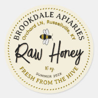 Raw Honey Label with Cute Flying Bee Yellow