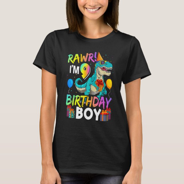 Raw I'm 9 Birthday Boy  Dinosaur Air Balloon T-Shirt (Front)