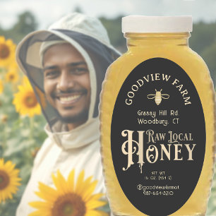Raw Local Honey Custom Label with Bees on Black