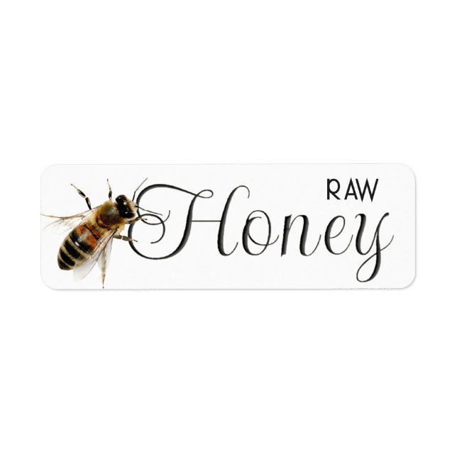 Raw Local Honey with Life-size Honeybee on White (Front)