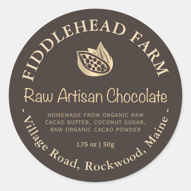 Raw Organic Chocolate Label Gold Cacao Cocoa Bean  (Front)