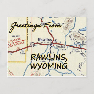 Rawlins WY Vintage Map Postcard