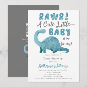 Rawr Blue Dinosaur QR Code Baby Shower Invitation