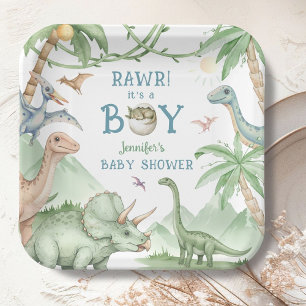 Rawr Boy Dinosaur Baby Shower Paper Plate