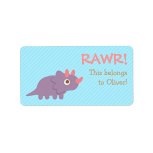 Rawr, Cute Purple Triceratops dinosaur For Kids Label