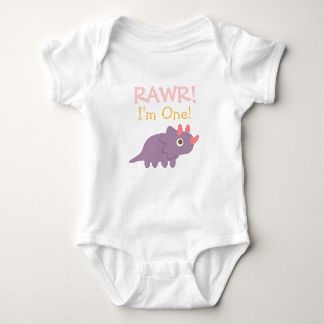 Rawr, I am One, Cute Purple Triceratops Dinosaur Baby Bodysuit (Front)