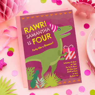 Rawr I’m Four Dinosaur Girl Birthday Invitation