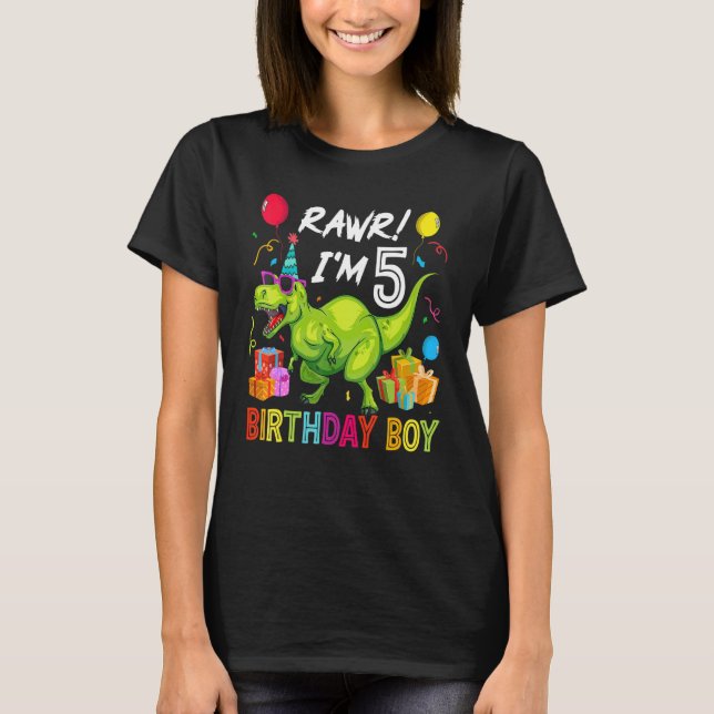 Rawr I'm 5 5th Birthday Boy Rex Dinosaur Party T-Shirt (Front)