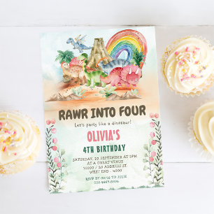 Rawr Into Four Dinosaur 4th Birthday Party Invitation