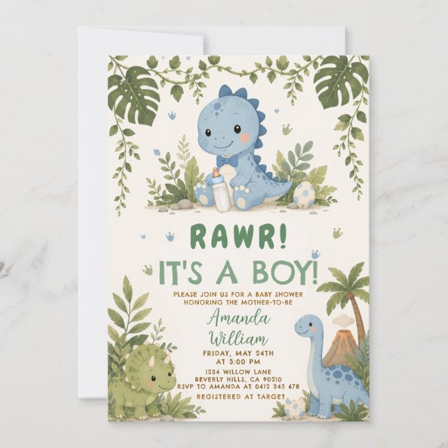 Rawr It's a Boy Dinosaur Baby Shower Invitation (Front)