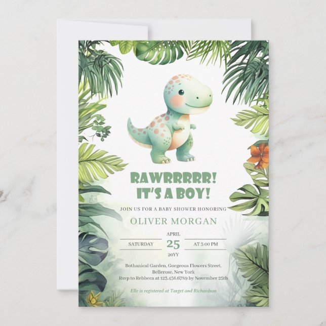 Rawr It's a boy dinosaur greenery baby shower Invitation (Front)