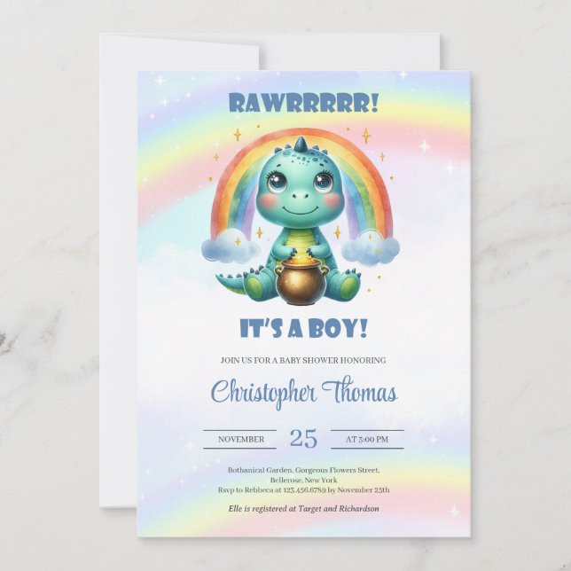 Rawr it's a boy watercolor dinosaur with rainbow invitation (Front)