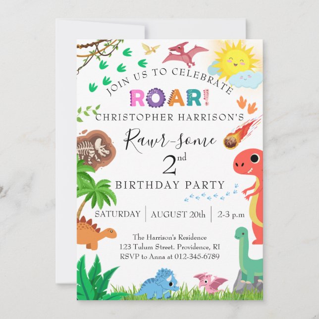 Rawr-some Dinosaur 2nd Birthday Party Invitation (Front)