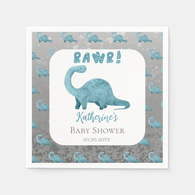 Rawr Teal Blue Dinosaur Boy Baby Shower  Napkin (Front)