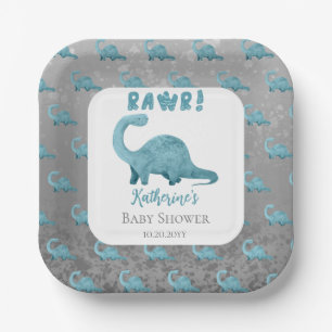 Rawr Teal Blue Dinosaur Boy Baby Shower  Paper Plate
