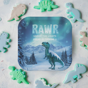 RAWR Under the Lights Dinosaur Winter Birthday Paper Plate