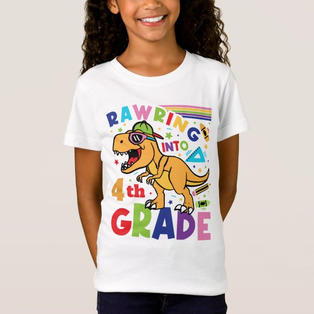 Rawring Into 4th Grade Back to School Kids T-Shirt (Front)