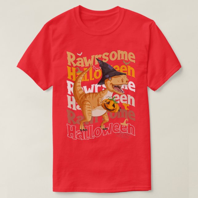 Rawrsome Halloween Dinosaur Carrying A Pumpkin  T-Shirt (Design Front)
