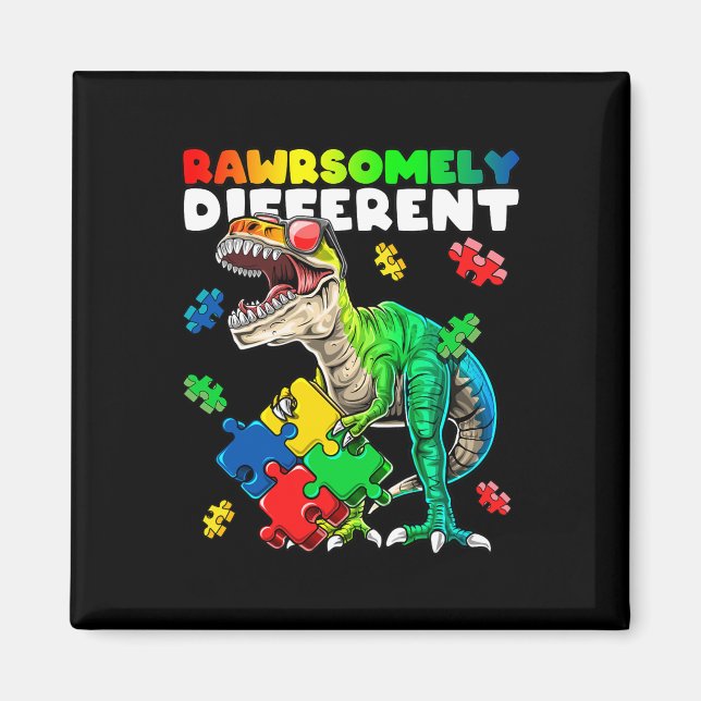 Rawrsomely Different Dinosaur Autism Awareness Puz Magnet (Front)