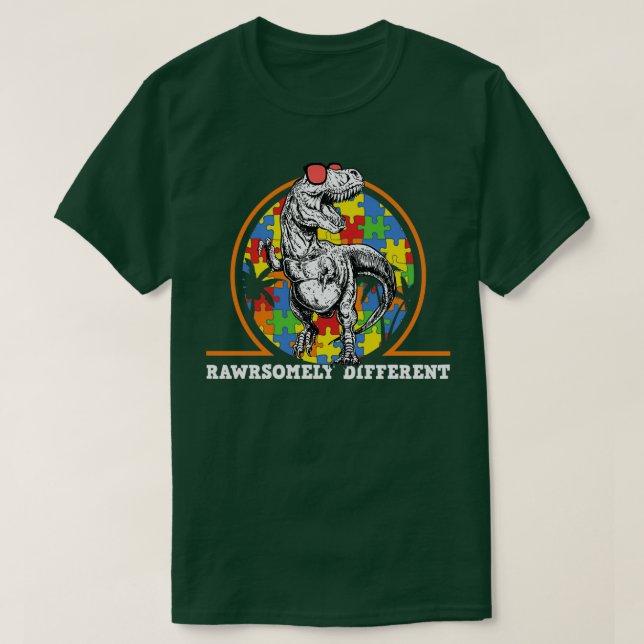 Rawrsomely Different Dinosaur National Autism Awar T-Shirt (Design Front)