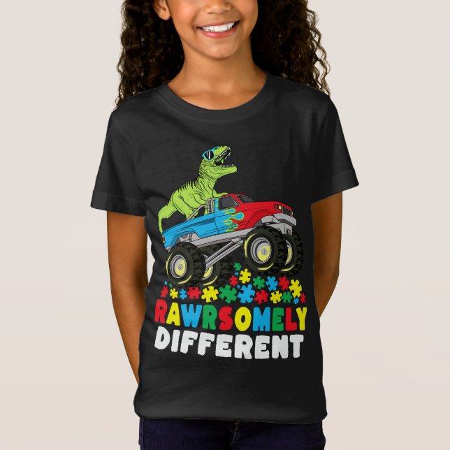 Rawrsomely Different T Rex Monster Truck Autism T-Shirt (Front)