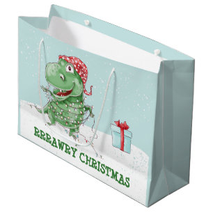 Rawry Christmas Silly Dinosaur Holiday Large Gift Bag