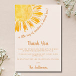 Ray of Sunshine Boho Baby Shower Thank You Card<br><div class="desc">This baby shower thank you card features the text "A little ray of sunshine is almost here!" with a watercolor yellow sun on a cream background. Perfect for a gender-neutral baby shower. Easily customisable. Use the Design Tool to change the text size, style, or colour. Because we create our artwork...</div>