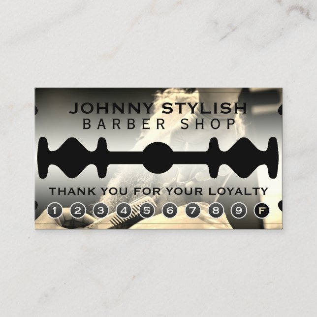 Razor blade frame loyalty business card (Front)