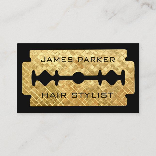 Razor Blade Gold Faux Barber Hair Stylist Business Card (Front)