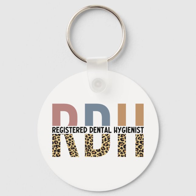 RDH Registered Dental Hygienist Leopard Typography Key Ring (Front)
