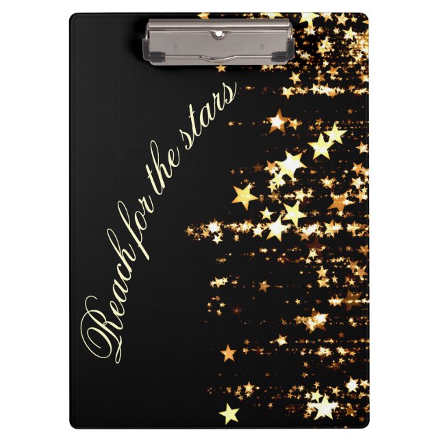 Reach for the stars Shooting Gold Stars on Black Clipboard (Front)