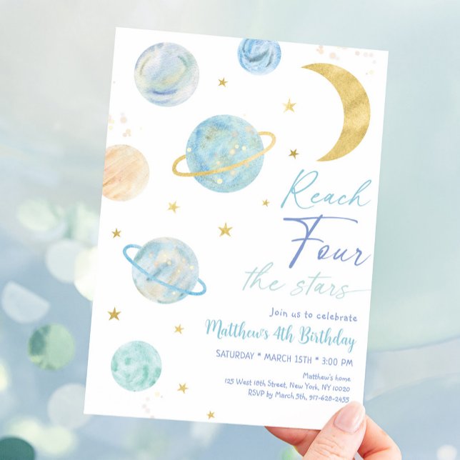 Reach FOUR the Stars Blue Space Birthday Invitation (Creator Uploaded)