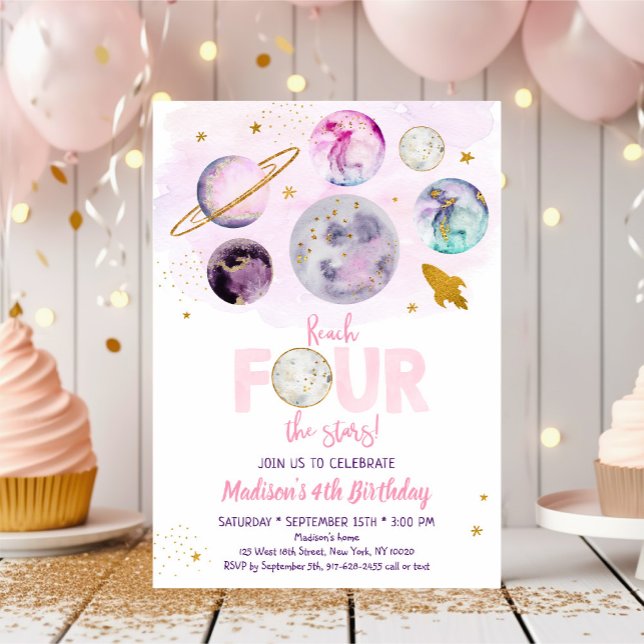 Reach FOUR The Stars Galaxy Pink Gold Birthday Invitation (Creator Uploaded)