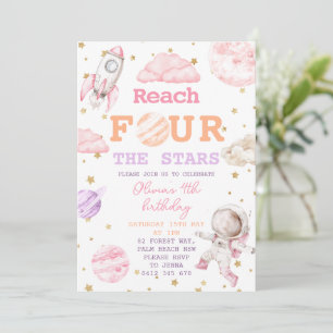 Reach Four The Stars Girls Space 4th Birthday Invitation