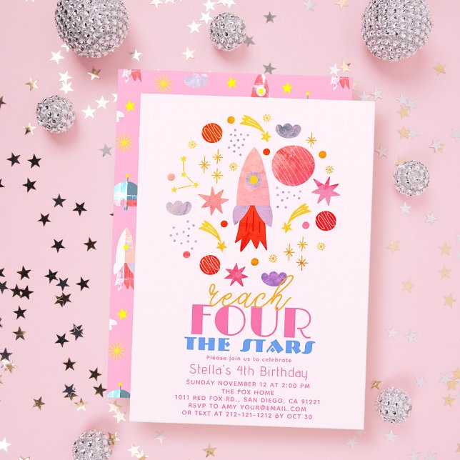 Reach FOUR The Stars Pink Space Girl Birthday Invitation (Creator Uploaded)