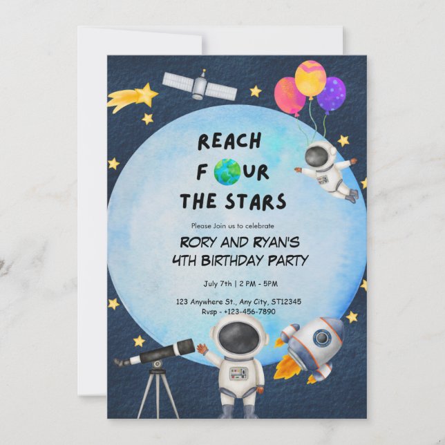 Reach FOUR the Stars – Twin 4th Birthday Invitatio Invitation (Front)