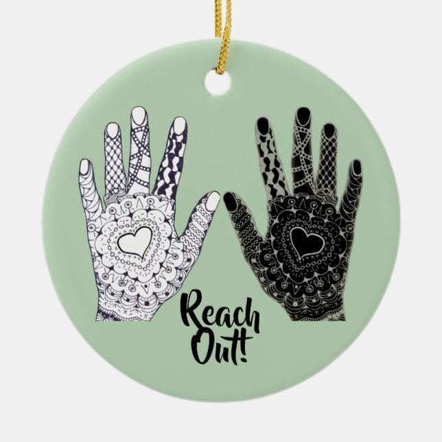Reach Out! Hand Drawn Heart Hands Ceramic Ornament (Front)