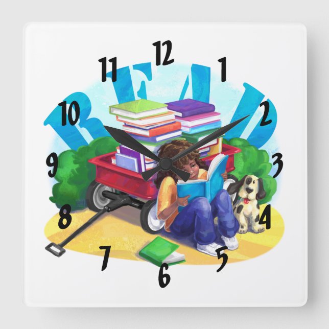 READ Book Wagon Art Square Wall Clock (Front)
