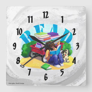 READ Book Wagon Art Square Wall Clock