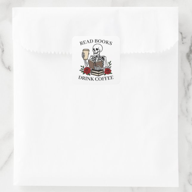 Read Books Drink Coffee Funny Skeleton Book Lover Square Sticker (Bag)