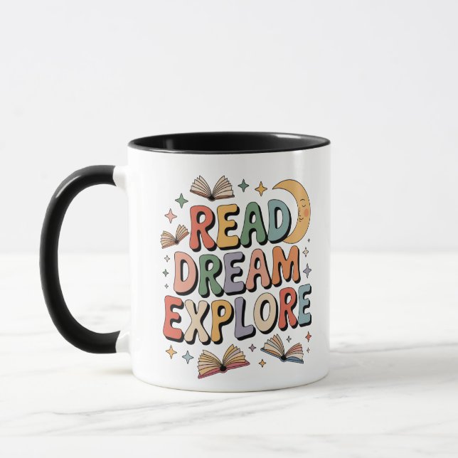 Read Dream Explore Books Crescent Moon Whimsical Mug (Left)
