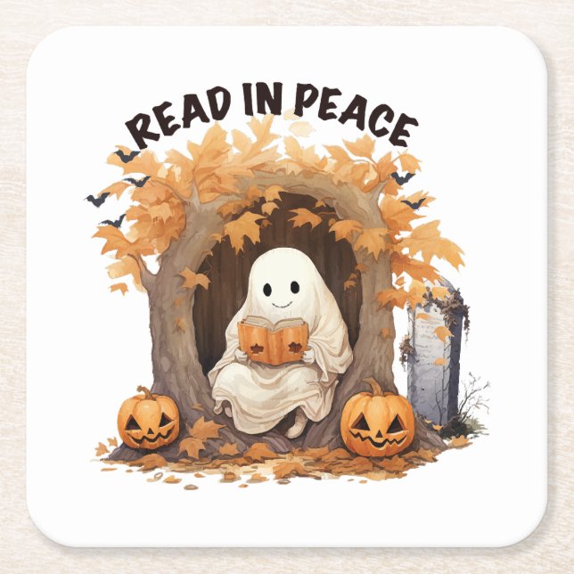 Read in Peace Boo Ghost Square Paper Coaster (Front)