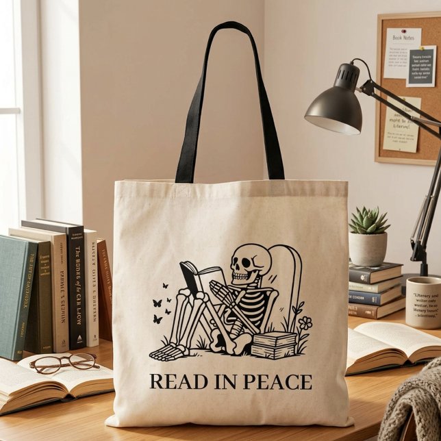 Read In Peace Funny Book Lover Reading Skeleton  Tote Bag (Creator Uploaded)