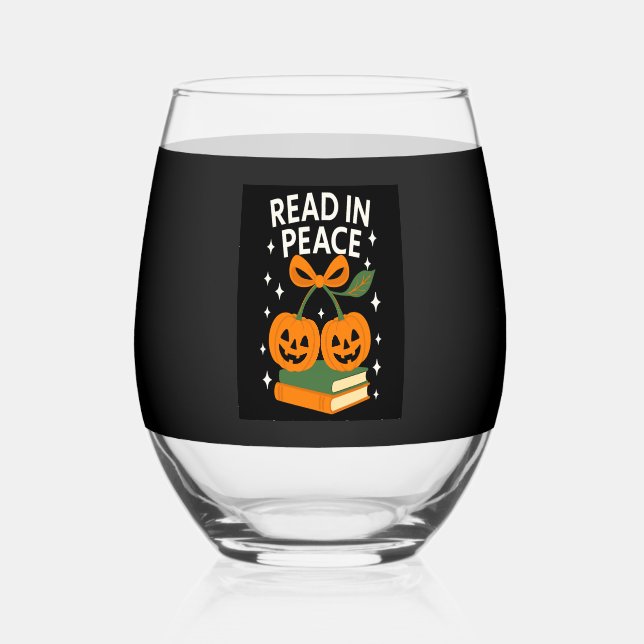 Read in Peace Funny Halloween Book Stemless Wine Glass (Front)