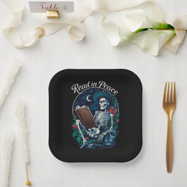 Read in Peace Skeleton Reading Book Lover Bookish  Paper Plate (Wedding)