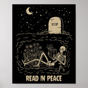 Read In Peace Skeleton Reading Books Funny Hallowe Poster