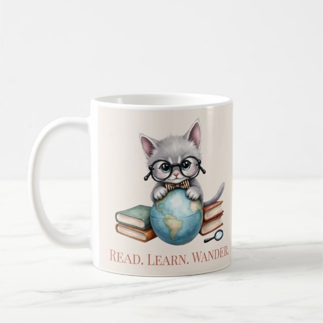 “Read. Learn. Wander.” Cute Bookish Cat Coffee Mug (Left)